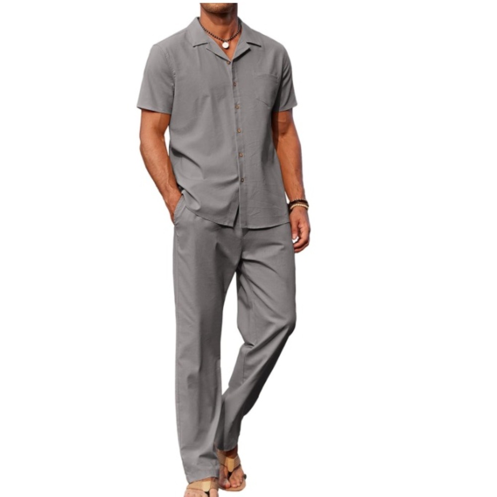 (A11)‎ Coofandy Gray Short Sleeve Button-Up Shirt & Pants Set, Gray, Size M, NWT